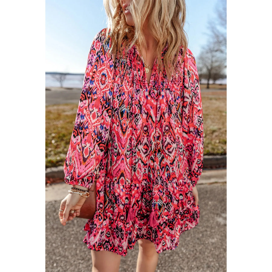 Tassel Printed Tie Neck Long Sleeve Dress Strawberry / S Apparel and Accessories