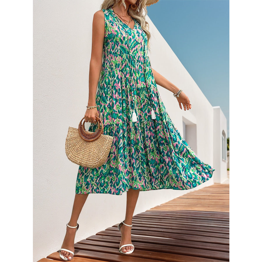 Tassel Printed Tie Neck Sleeveless Dress Apparel and Accessories