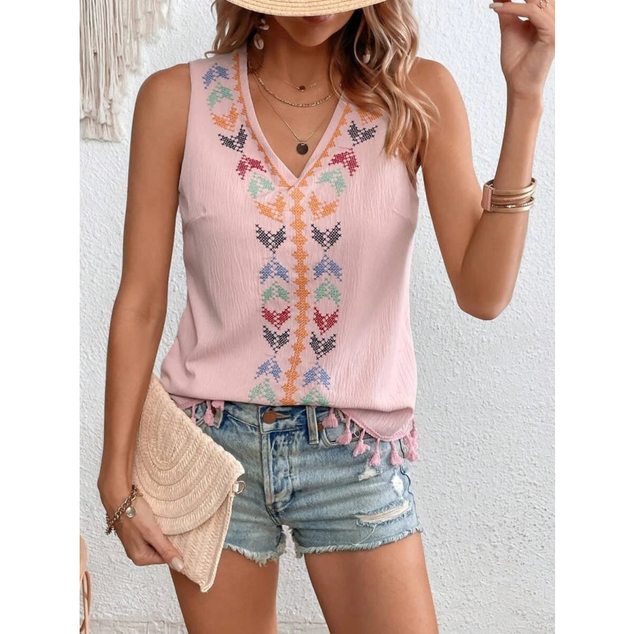 Tassel Printed V - Neck Tank Apparel and Accessories