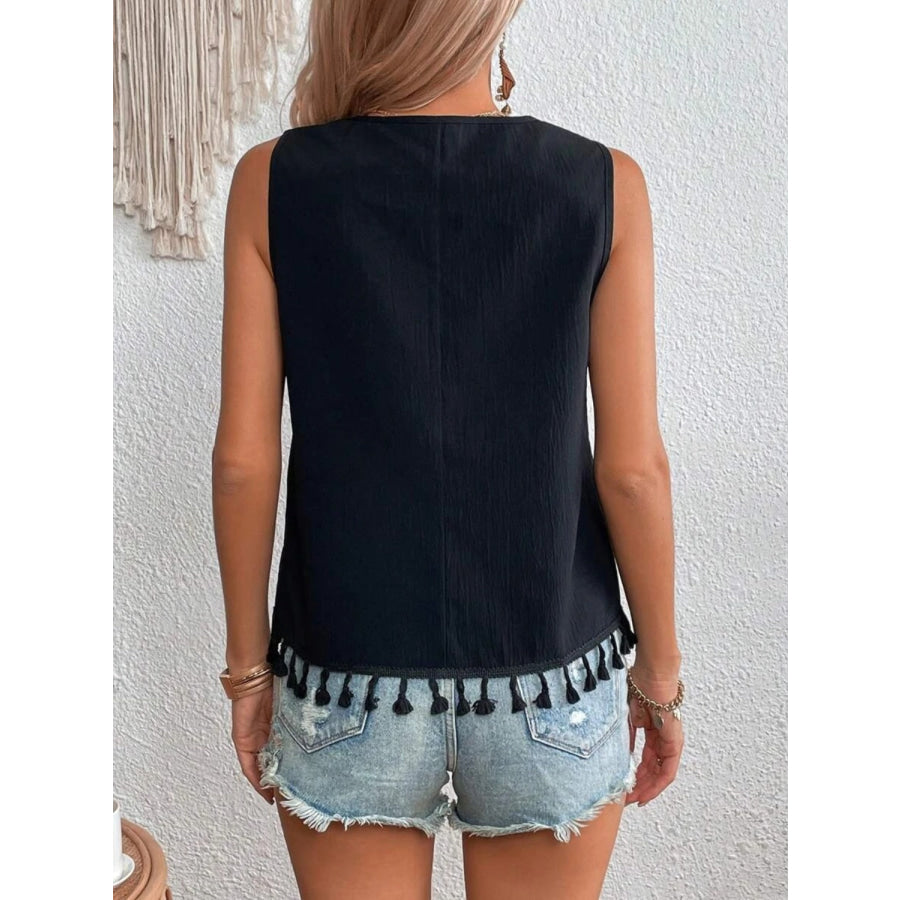 Tassel Printed V - Neck Tank Black / S Apparel and Accessories