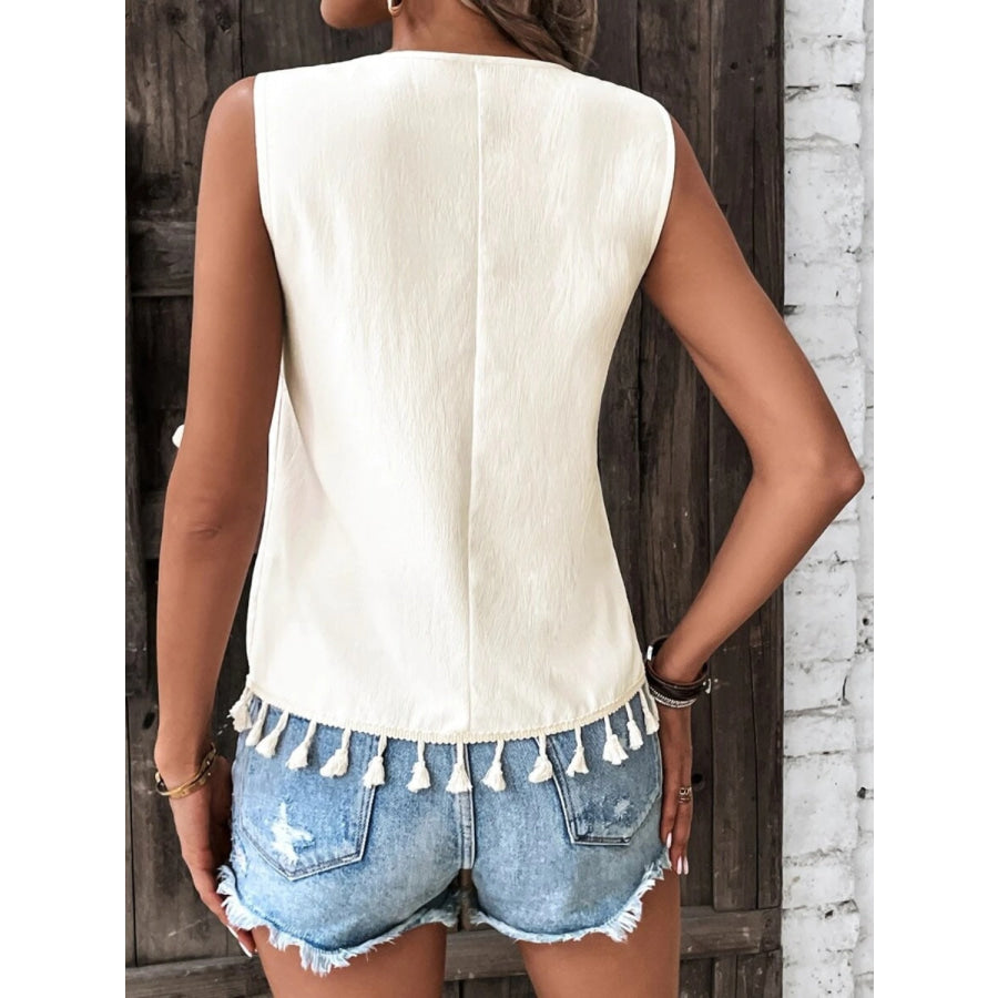 Tassel Printed V - Neck Tank Apparel and Accessories