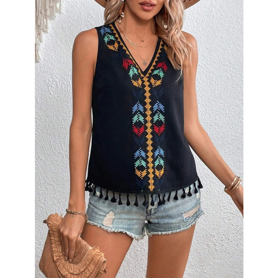 Tassel Printed V - Neck Tank Apparel and Accessories