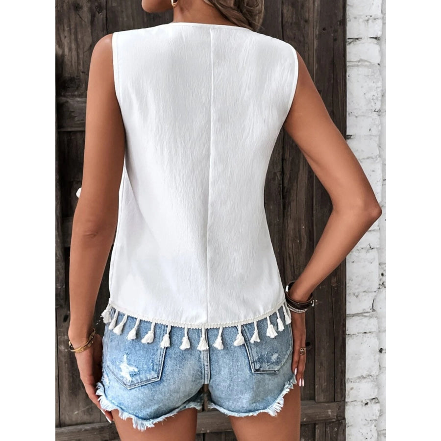 Tassel Printed V - Neck Tank Apparel and Accessories