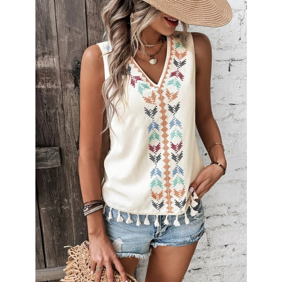 Tassel Printed V - Neck Tank Apparel and Accessories