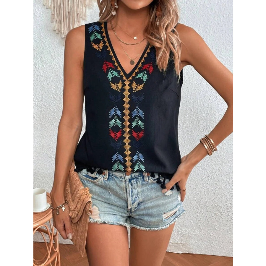 Tassel Printed V - Neck Tank Black / S Apparel and Accessories