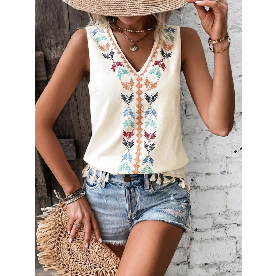 Tassel Printed V - Neck Tank Cream / S Apparel and Accessories