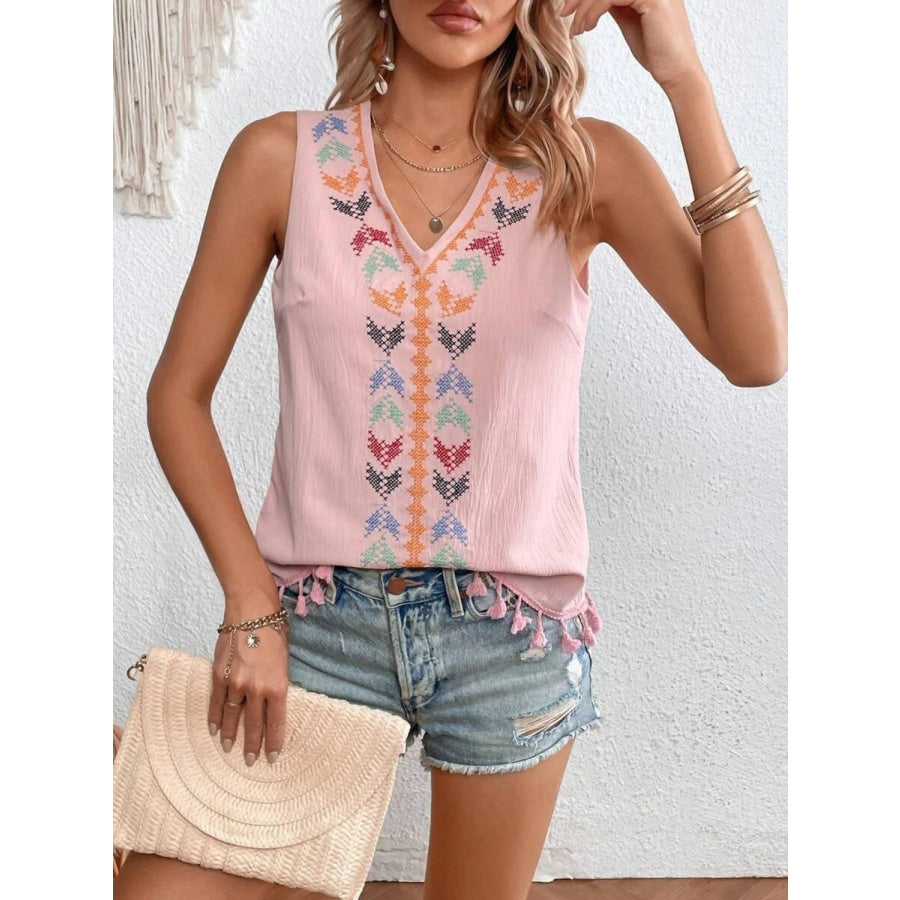 Tassel Printed V - Neck Tank Light Mauve / S Apparel and Accessories