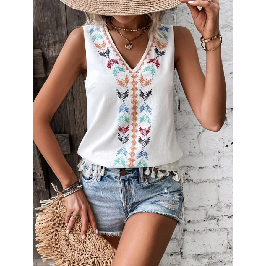 Tassel Printed V - Neck Tank White / S Apparel and Accessories