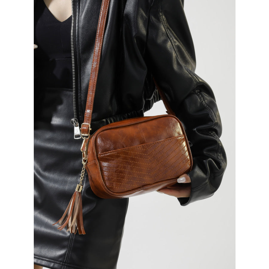 Tassel PU Leather Printed Strap Cassette Crossbody Bag Apparel and Accessories