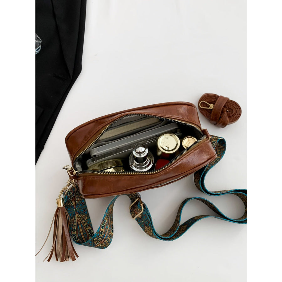 Tassel PU Leather Printed Strap Cassette Crossbody Bag Apparel and Accessories