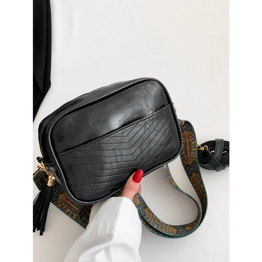 Tassel PU Leather Printed Strap Cassette Crossbody Bag Black / One Size Apparel and Accessories