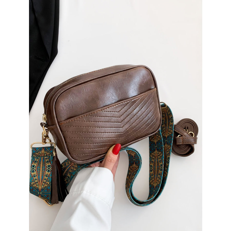 Tassel PU Leather Printed Strap Cassette Crossbody Bag Coffee Brown / One Size Apparel and Accessories