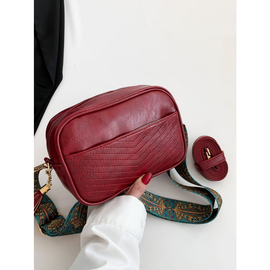 Tassel PU Leather Printed Strap Cassette Crossbody Bag Red / One Size Apparel and Accessories