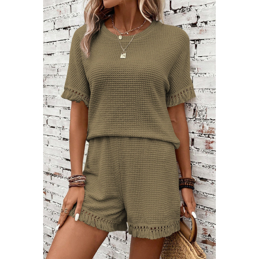 Tassel Round Neck Top and Shorts Set Army Green / M Apparel and Accessories