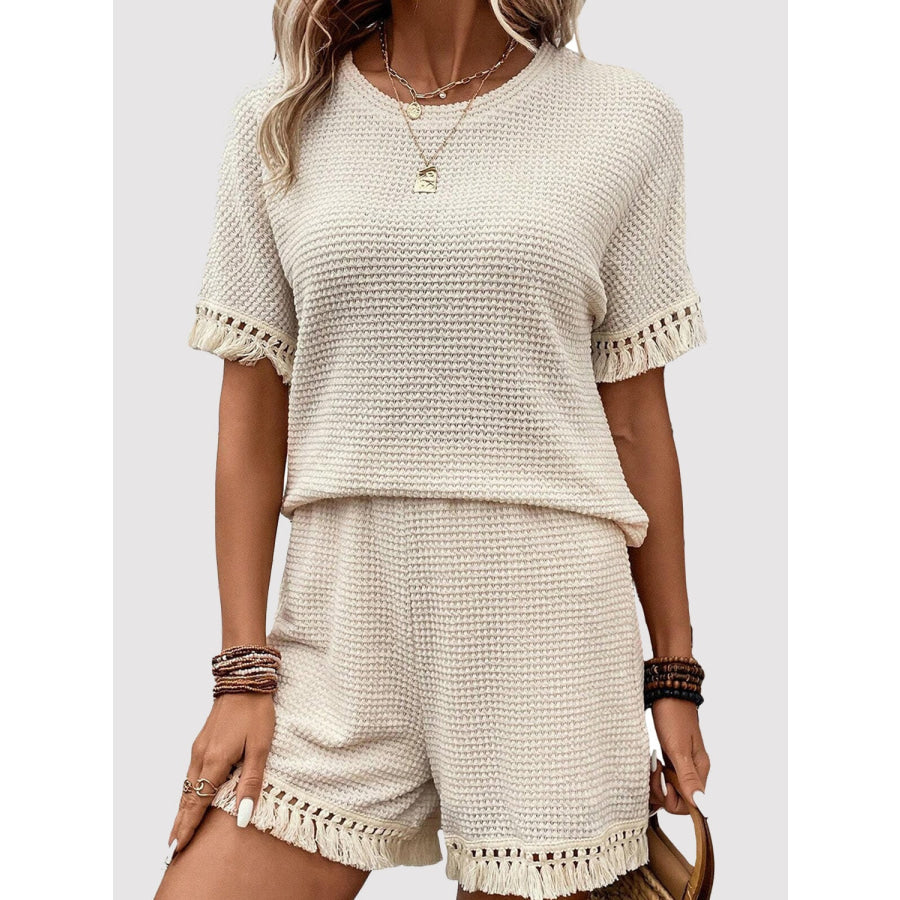 Tassel Round Neck Top and Shorts Set Cream / S Apparel and Accessories