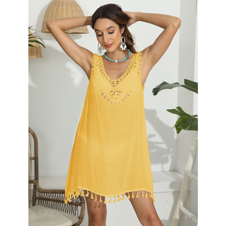 Tassel Scoop Neck Wide Strap Cover - Up Mustard / One Size Apparel and Accessories