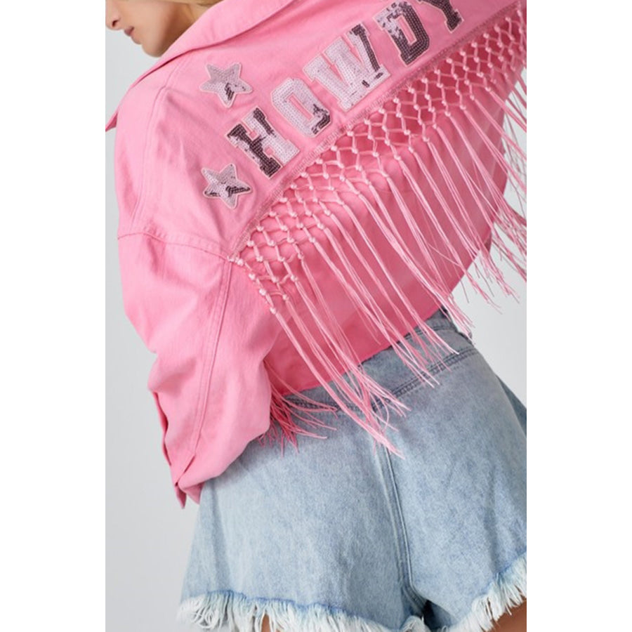 Tassel Sequin Letter Long Sleeve Denim Jacket Apparel and Accessories