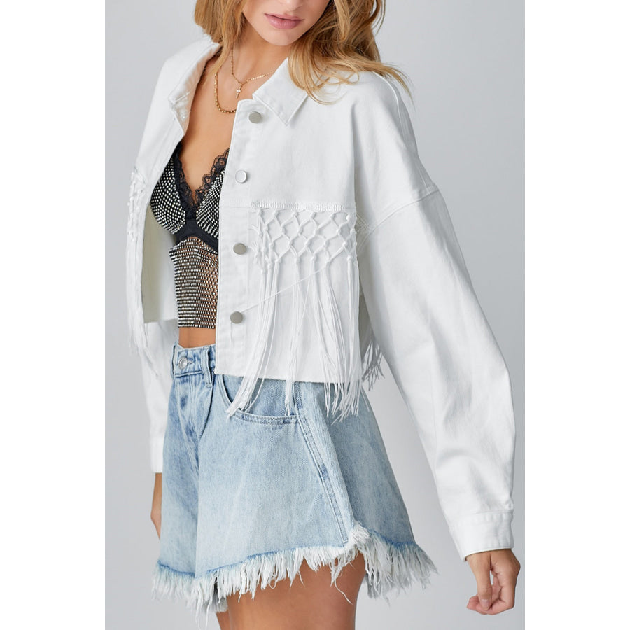 Tassel Sequin Letter Long Sleeve Denim Jacket Apparel and Accessories