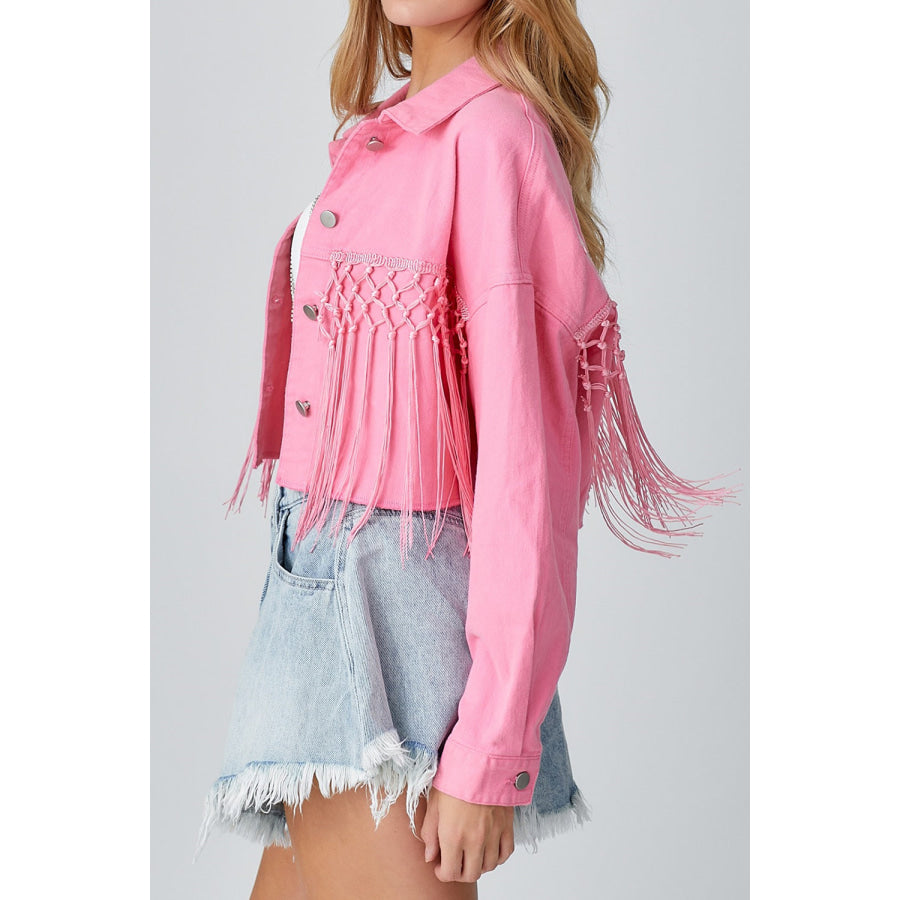 Tassel Sequin Letter Long Sleeve Denim Jacket Apparel and Accessories