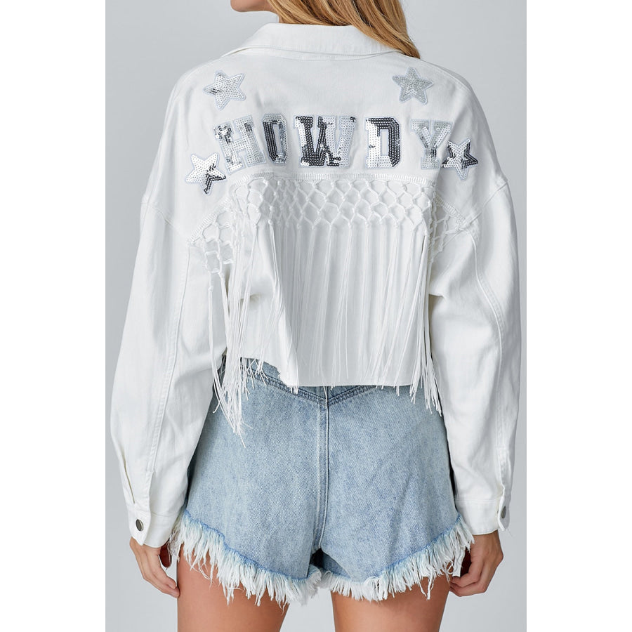 Tassel Sequin Letter Long Sleeve Denim Jacket Apparel and Accessories