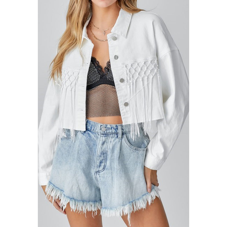 Tassel Sequin Letter Long Sleeve Denim Jacket White / S Apparel and Accessories