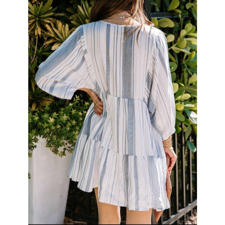 Tassel Striped Tie Neck Batwing Sleeve Dress Apparel and Accessories