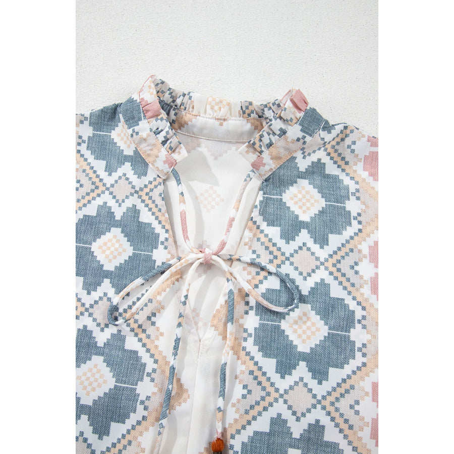 Tassel Tie Neck Balloon Sleeve Blouse Apparel and Accessories