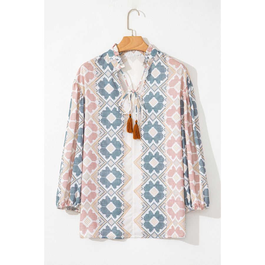 Tassel Tie Neck Balloon Sleeve Blouse Apparel and Accessories