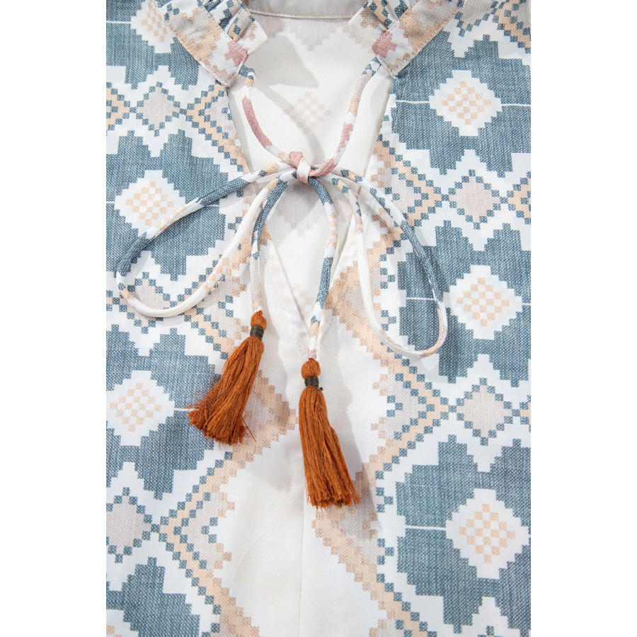 Tassel Tie Neck Balloon Sleeve Blouse Apparel and Accessories