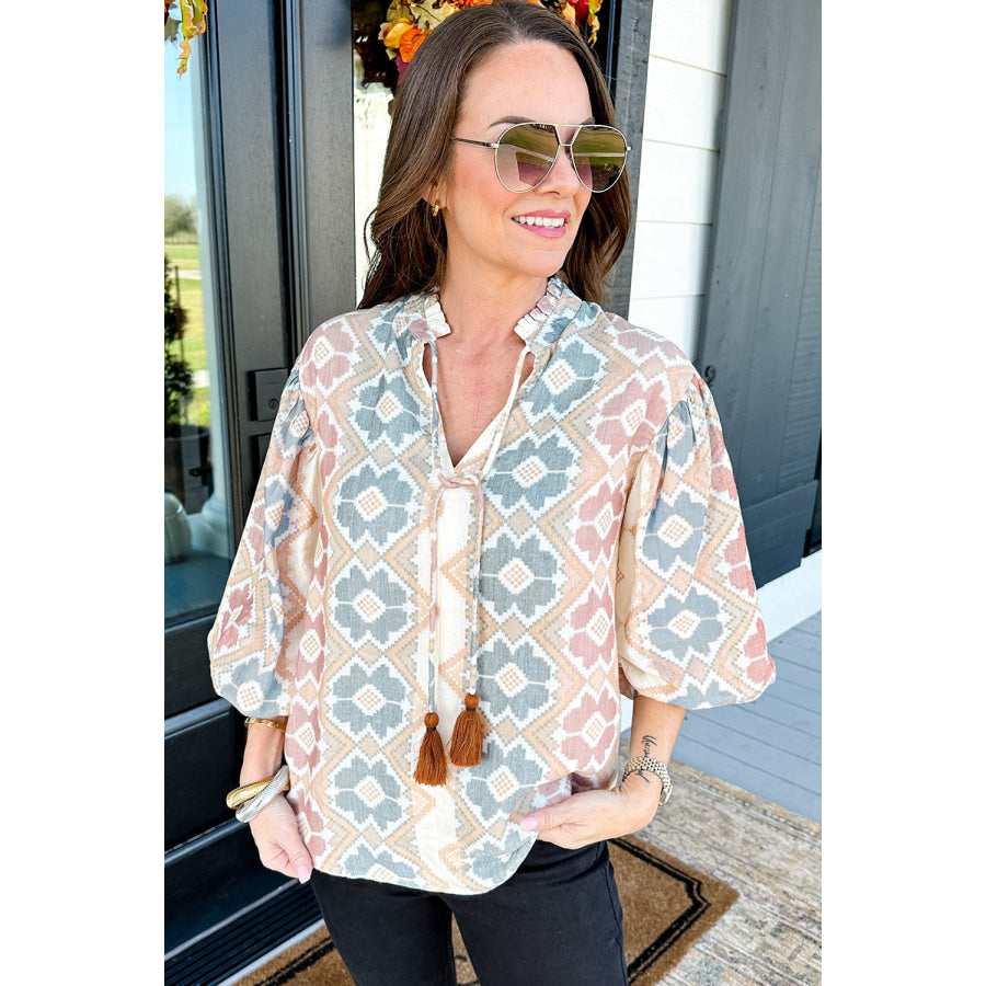 Tassel Tie Neck Balloon Sleeve Blouse Apparel and Accessories