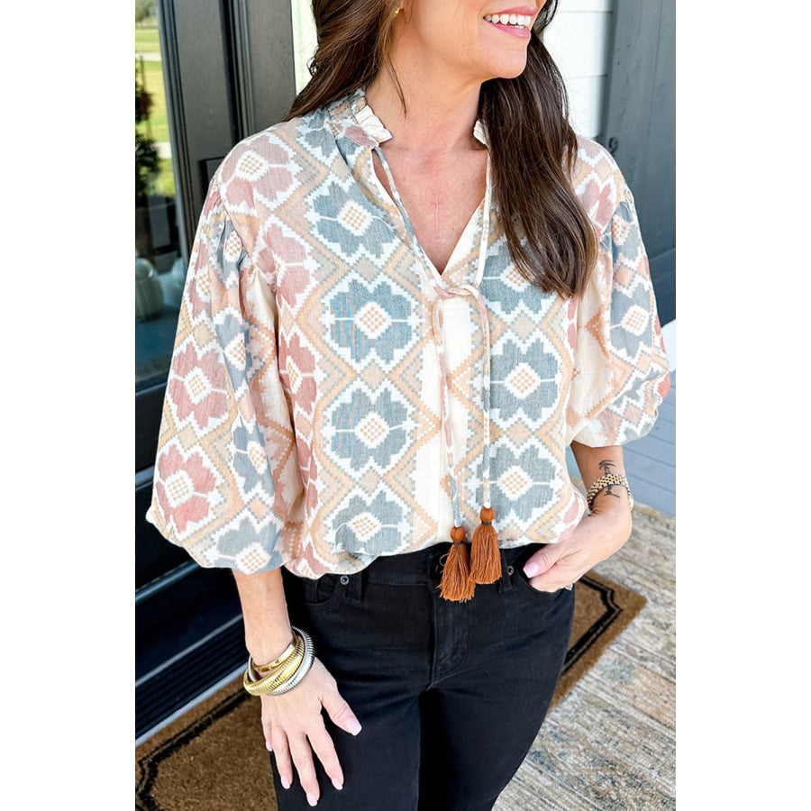 Tassel Tie Neck Balloon Sleeve Blouse Floral / S Apparel and Accessories
