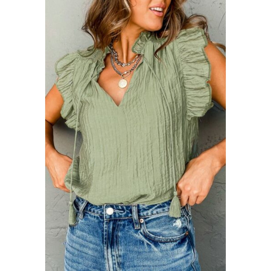 Tassel Tie Neck Flutter Sleeve Textured Blouse Apparel and Accessories