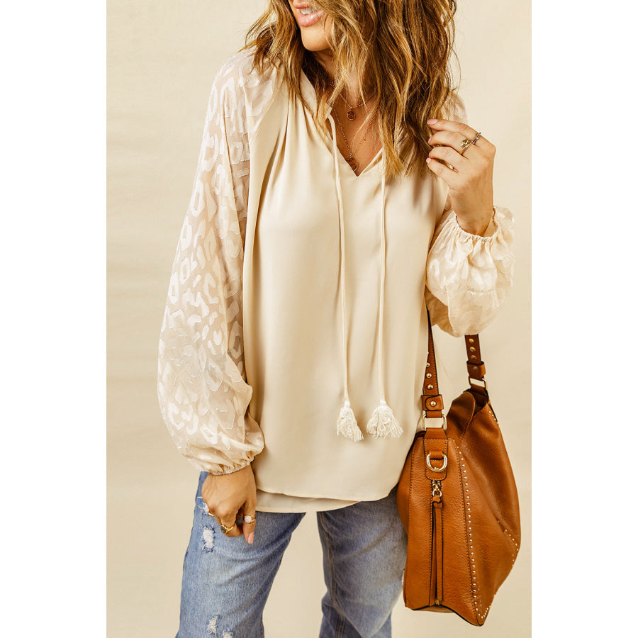 Tassel Tie Neck Long Sleeve Blouse Apparel and Accessories