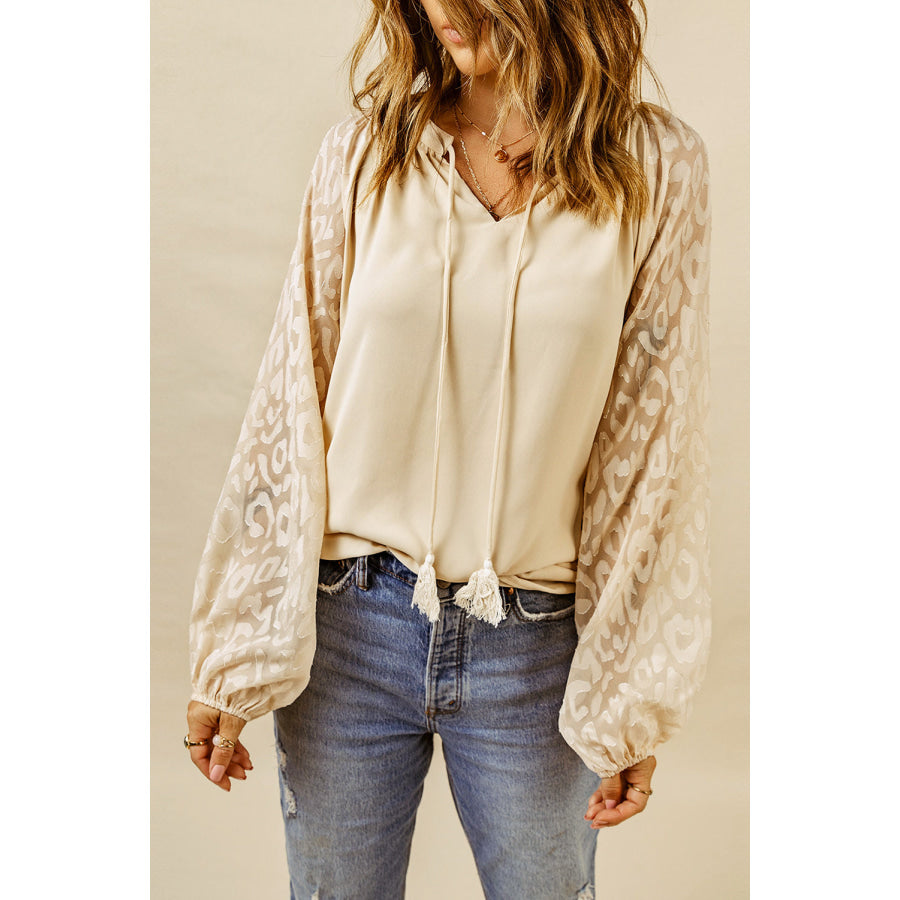 Tassel Tie Neck Long Sleeve Blouse Apparel and Accessories