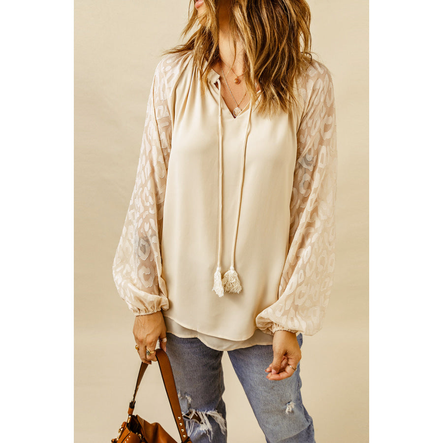 Tassel Tie Neck Long Sleeve Blouse Beige / S Apparel and Accessories