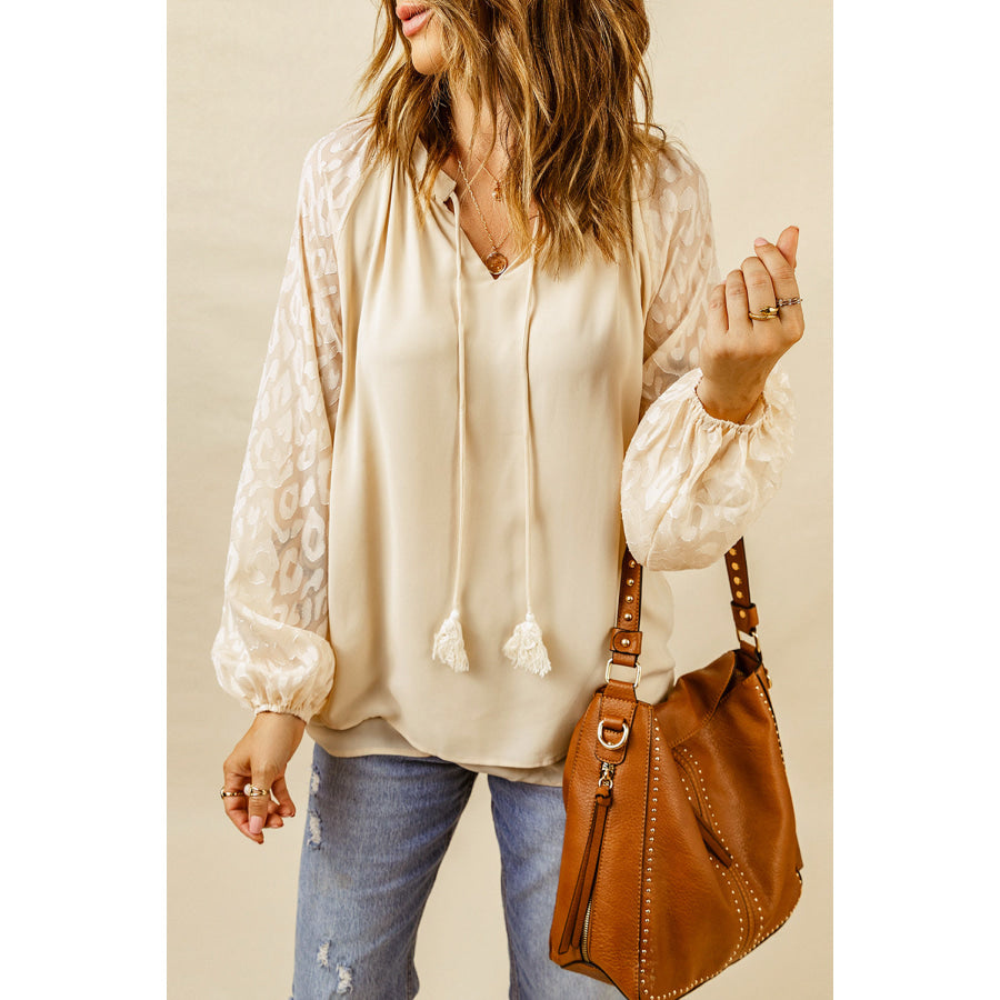 Tassel Tie Neck Long Sleeve Blouse Beige / S Apparel and Accessories