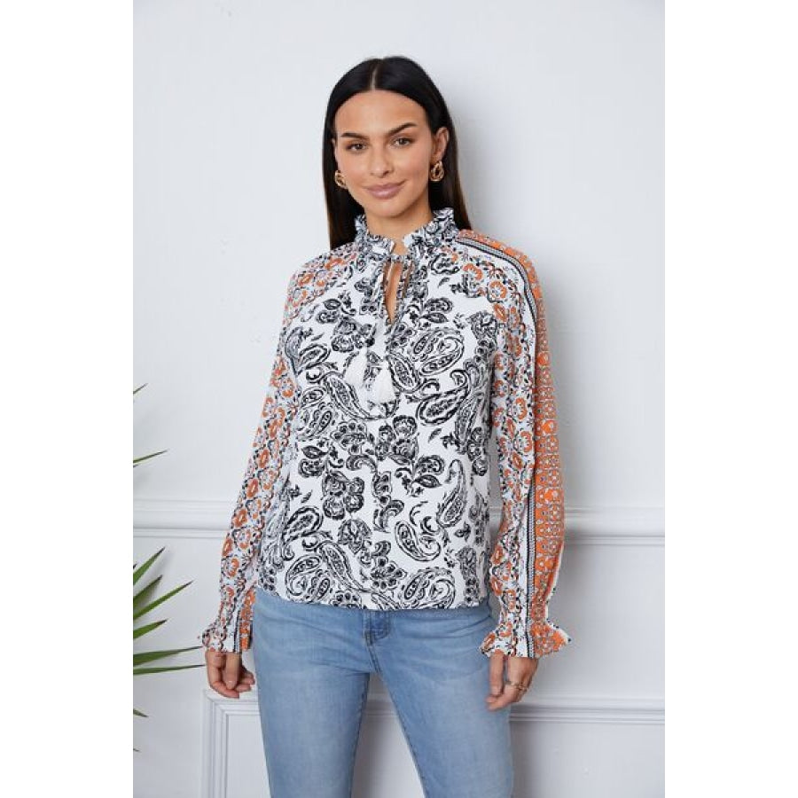 Tassel Tie Neck Printed Smocked Long Sleeve Blouse White / S Clothing