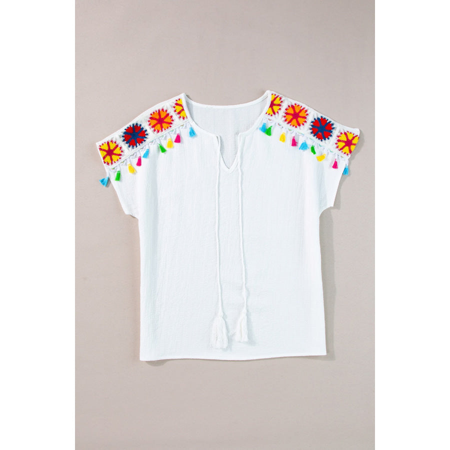 Tassel Tie Neck Short Sleeve Blouse Apparel and Accessories