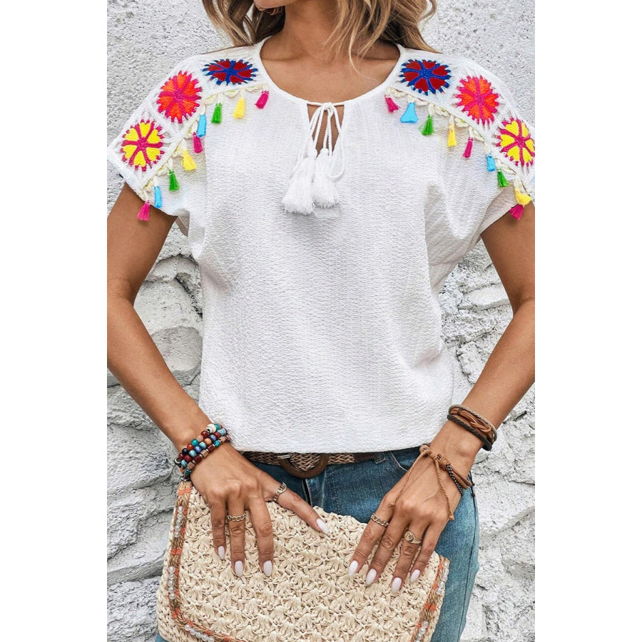 Tassel Tie Neck Short Sleeve Blouse Apparel and Accessories