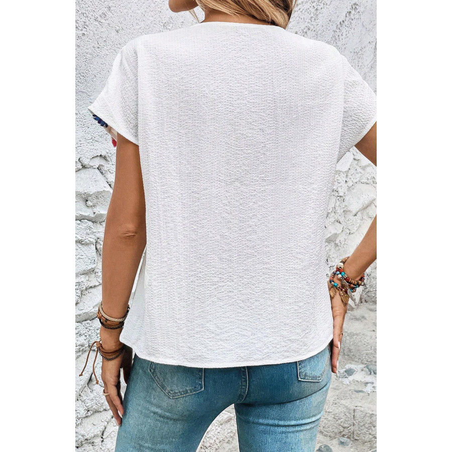 Tassel Tie Neck Short Sleeve Blouse Apparel and Accessories