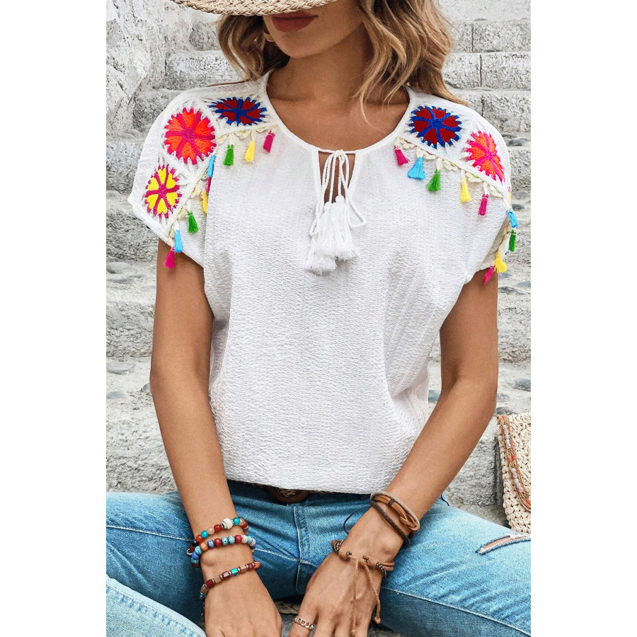 Tassel Tie Neck Short Sleeve Blouse Apparel and Accessories