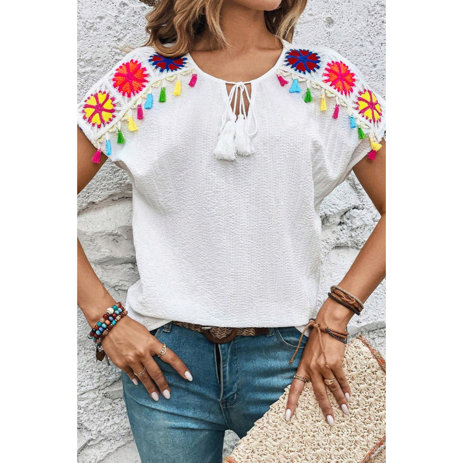 Tassel Tie Neck Short Sleeve Blouse White / S Apparel and Accessories