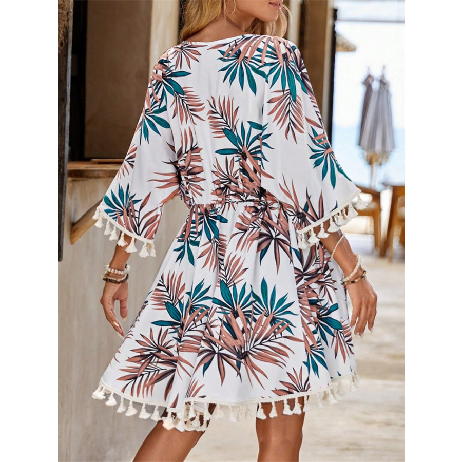 Tassel Tied Printed Half Sleeve Cover Up White / One Size Apparel and Accessories