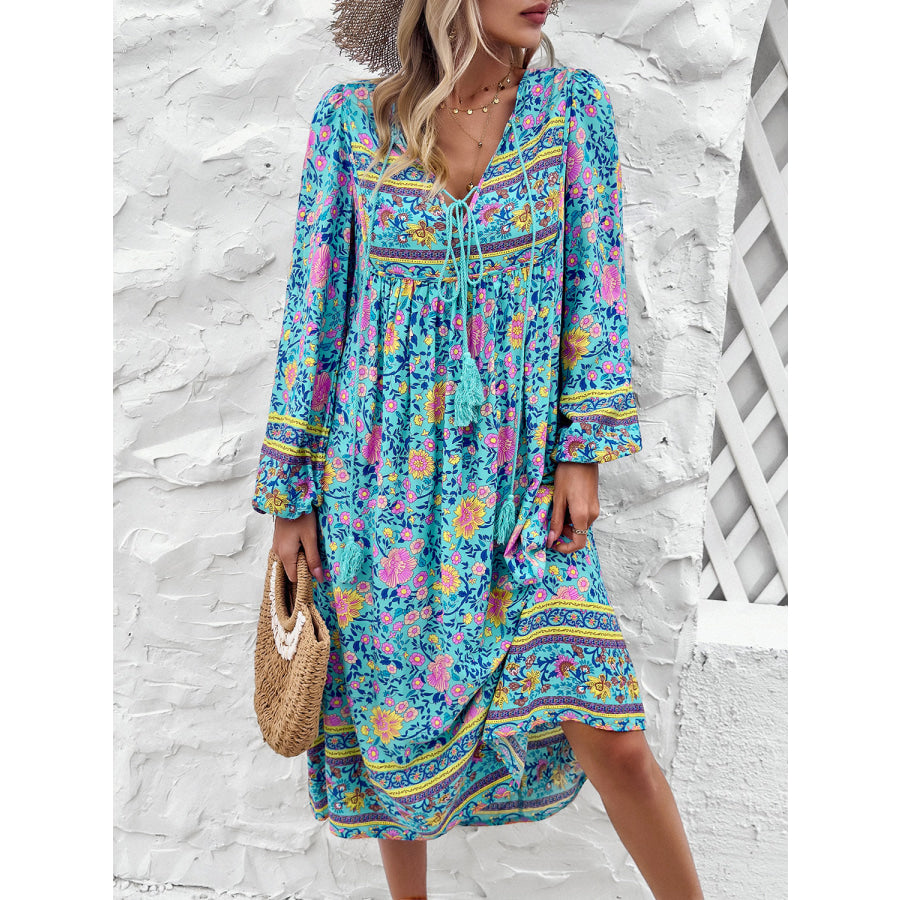 Tassel Tied Printed Long Sleeve Dress Apparel and Accessories