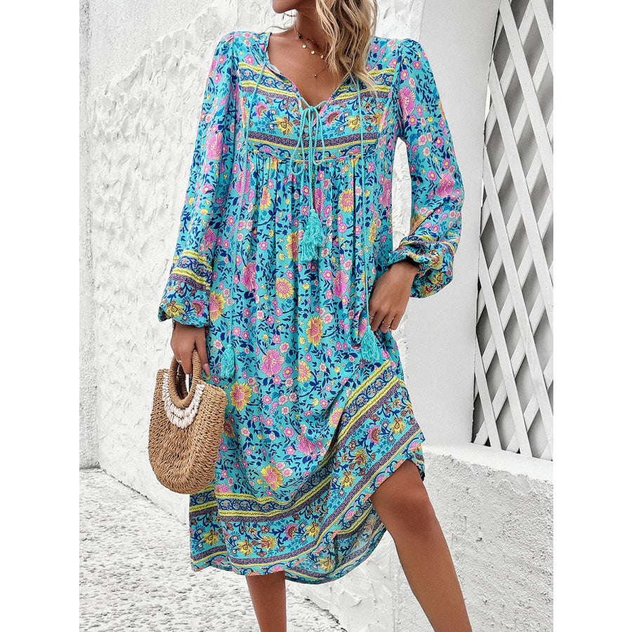 Tassel Tied Printed Long Sleeve Dress Apparel and Accessories