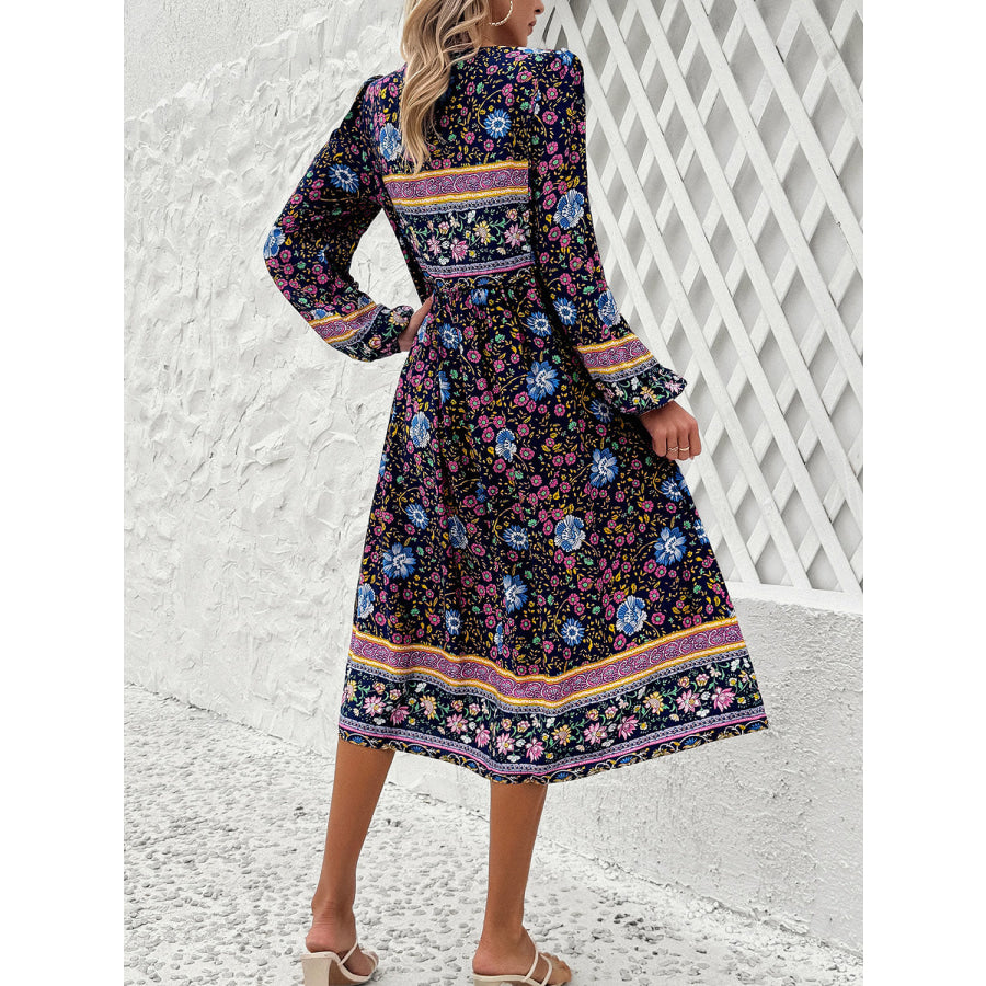 Tassel Tied Printed Long Sleeve Dress Apparel and Accessories