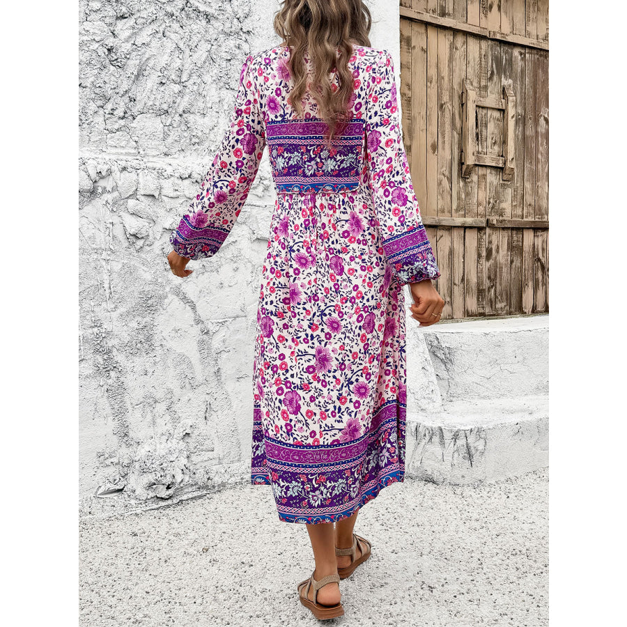 Tassel Tied Printed Long Sleeve Dress Apparel and Accessories