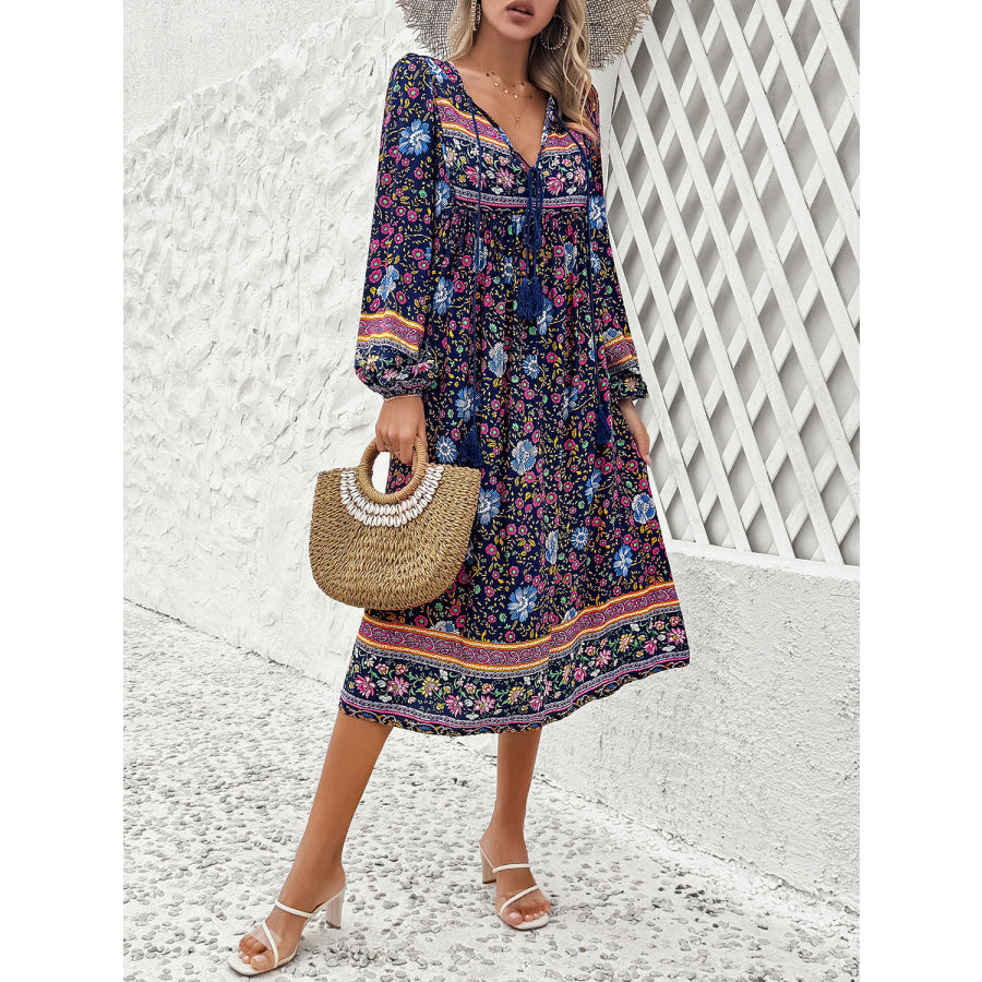 Tassel Tied Printed Long Sleeve Dress Apparel and Accessories