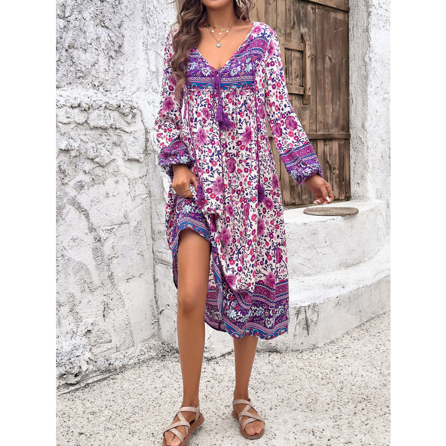 Tassel Tied Printed Long Sleeve Dress Apparel and Accessories