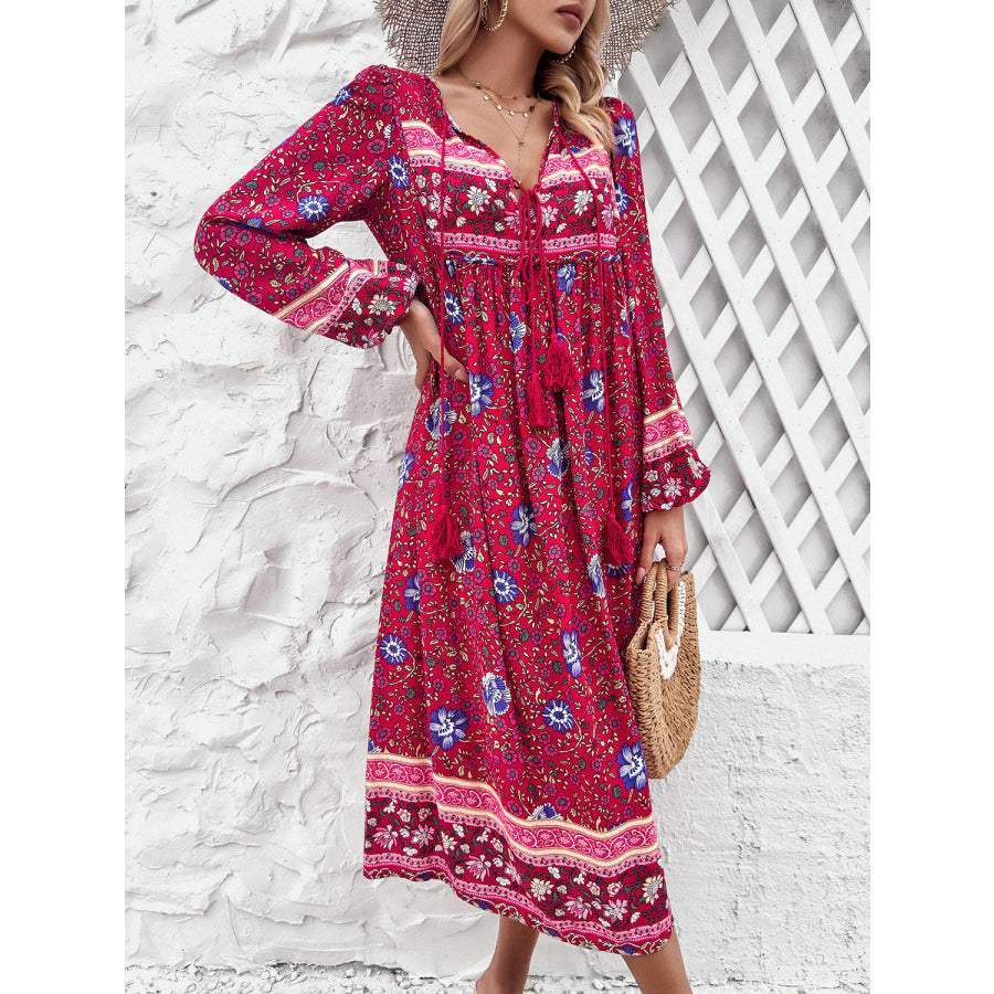 Tassel Tied Printed Long Sleeve Dress Apparel and Accessories